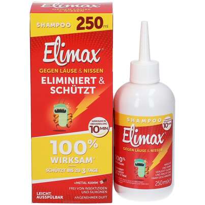 Sie sehen eine Packung Elimax Läuseshampoo, 250 ml, Produktbild: 01 Elimax Läuseshampoo, 250 ml, A-Nr.: 4582281 - 01